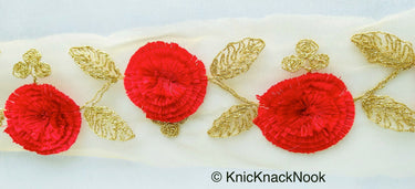 Beige Net Lace Trim With Blue / Beige / Red Thread Flowers and Gold Leaves Embroidery, Approx. 95mm wide
